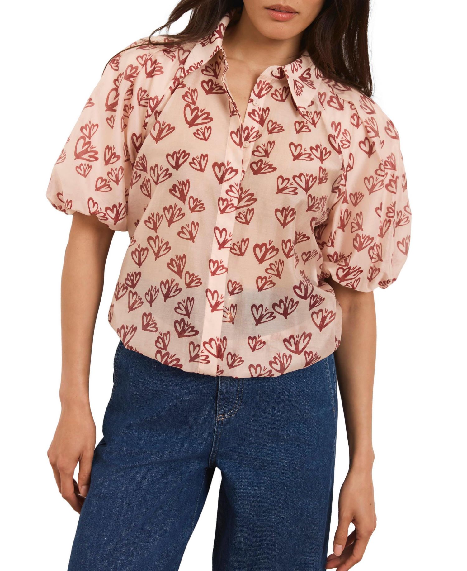 Women's Heart-Print Puff-Sleeve Blouse