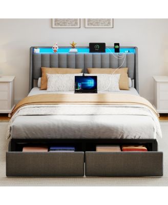Queen LED Bed Frame with Charging Station and Storage Drawers