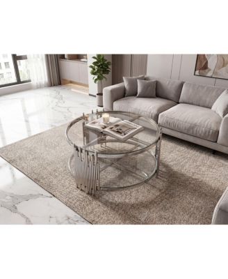 201 Stainless Steel Double-Layer Tempered Glass Round Coffee Table