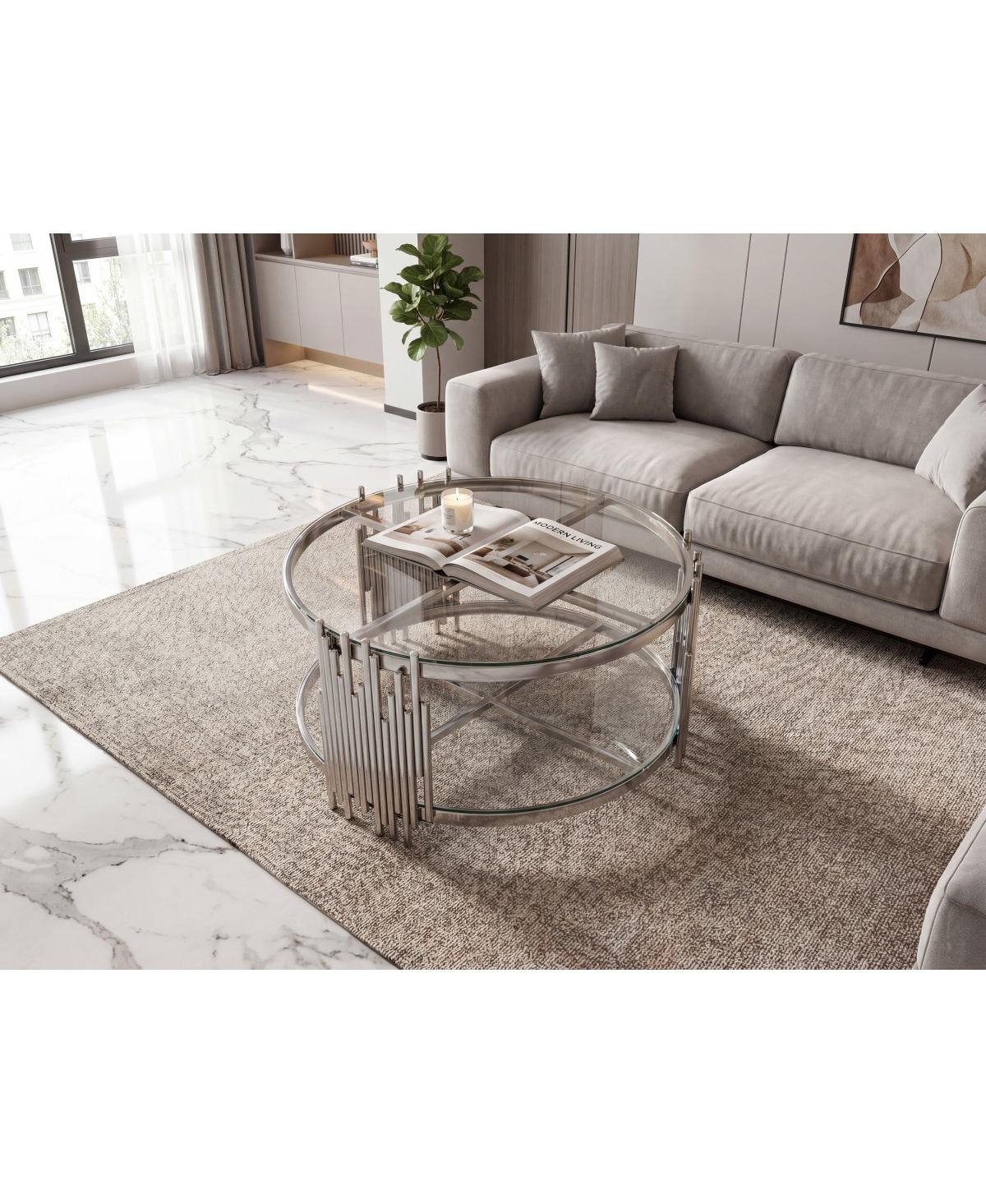 Streamdale Furniture 201 Stainless Steel Double-Layer Tempered Glass Round Coffee Table - Silver+clear