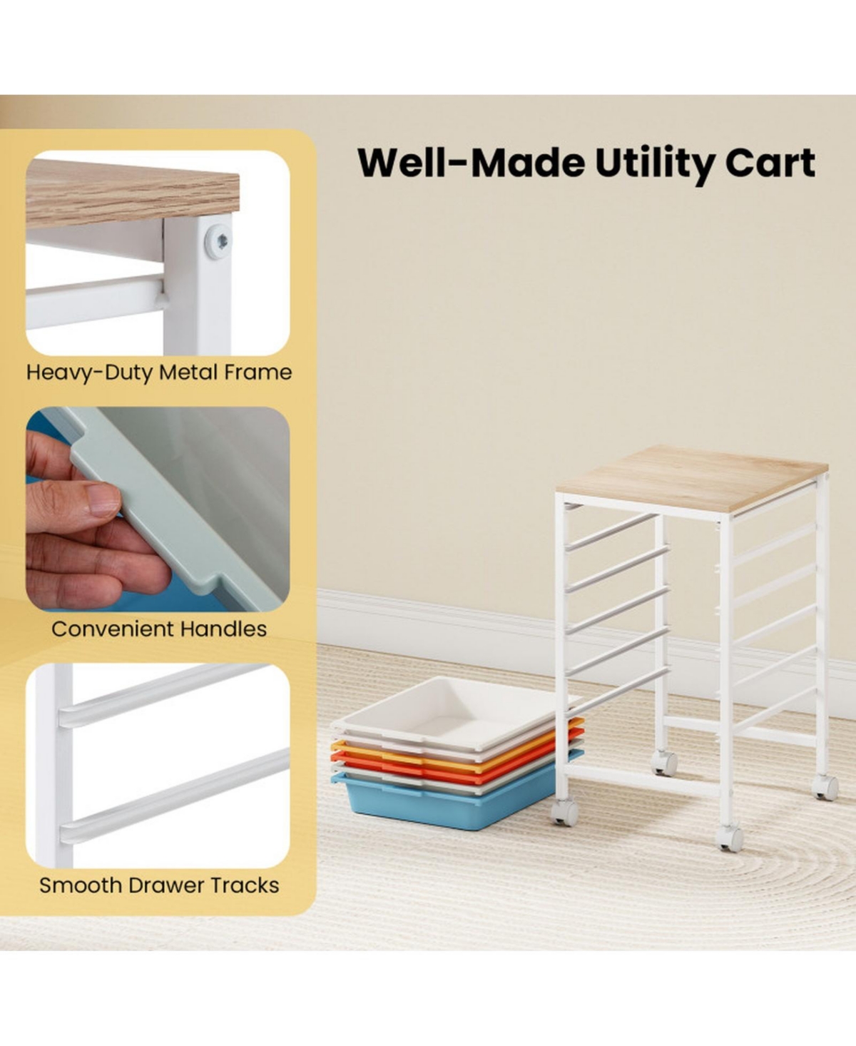 Sugift 6-Drawer Rolling Storage Cart with Wooden Tabletop and Lockable Swivel Casters