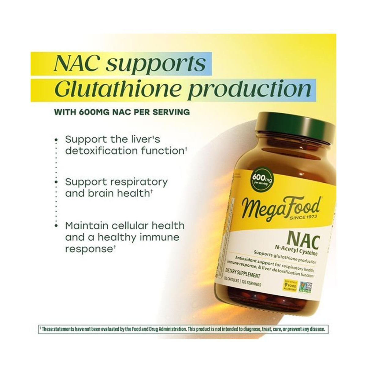 MegaFood Nac Supplement 600mg Per Serving, Supports Production of Glutathione, 120 Capsules