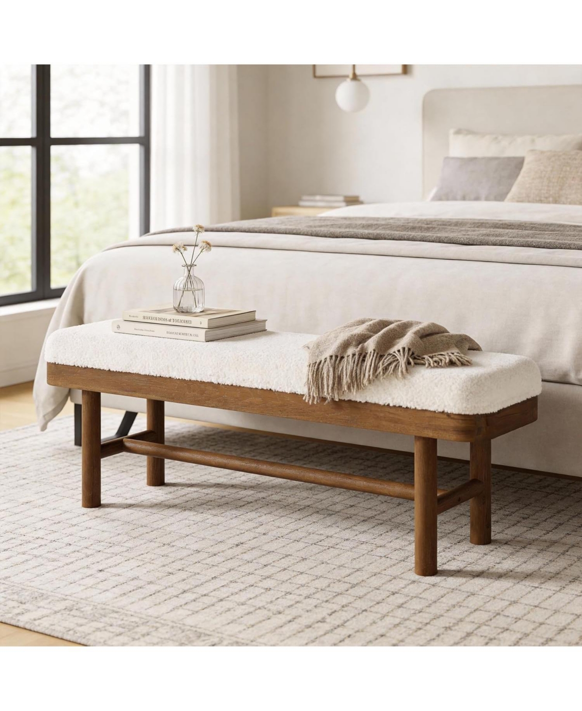 Tribesigns 55" Upholstered Bedroom Bench, Solid Wood End of Bed Bench, Modern Indoor Bench with Cushion for Bedroom, Living Room - Brown