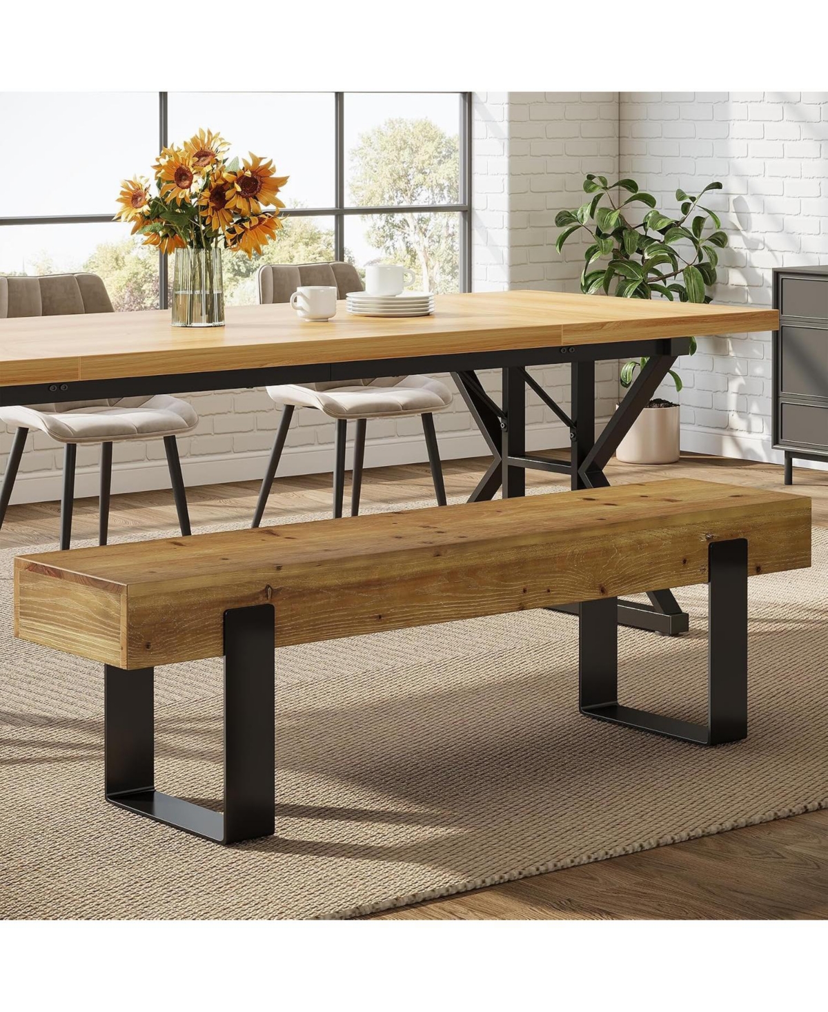 Tribesigns Solid Wooden Dining Bench,63" Farmhouse Kitchen Table Seat for 1-3 with Metal Legs,Long Home Indoor Entryway Bench for Dining Room, Hallway
