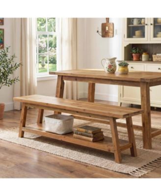 Solid Wood Dining Bench: 63" farmhouse bench with storage shelf. Rustic indoor bench for dining room, kitchen, living room. Wood Finish