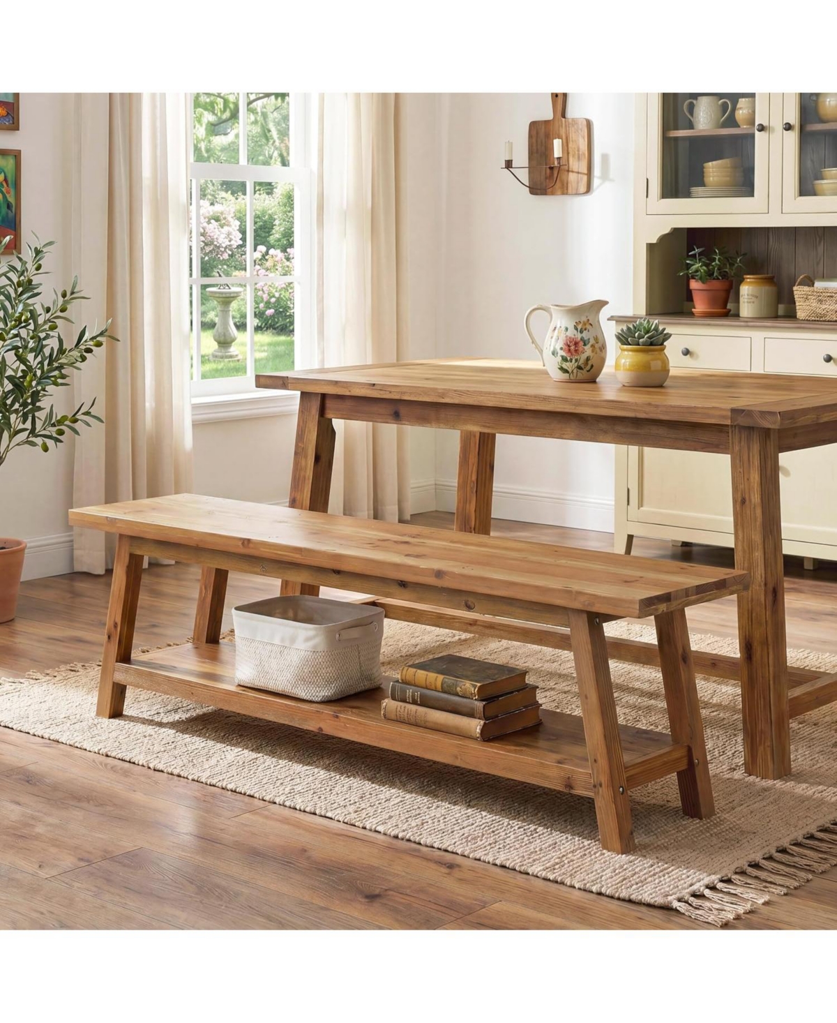 Tribesigns Solid Wood Dining Bench: 63" farmhouse bench with storage shelf. Rustic indoor bench for dining room, kitchen, living room. Wood Finish - B