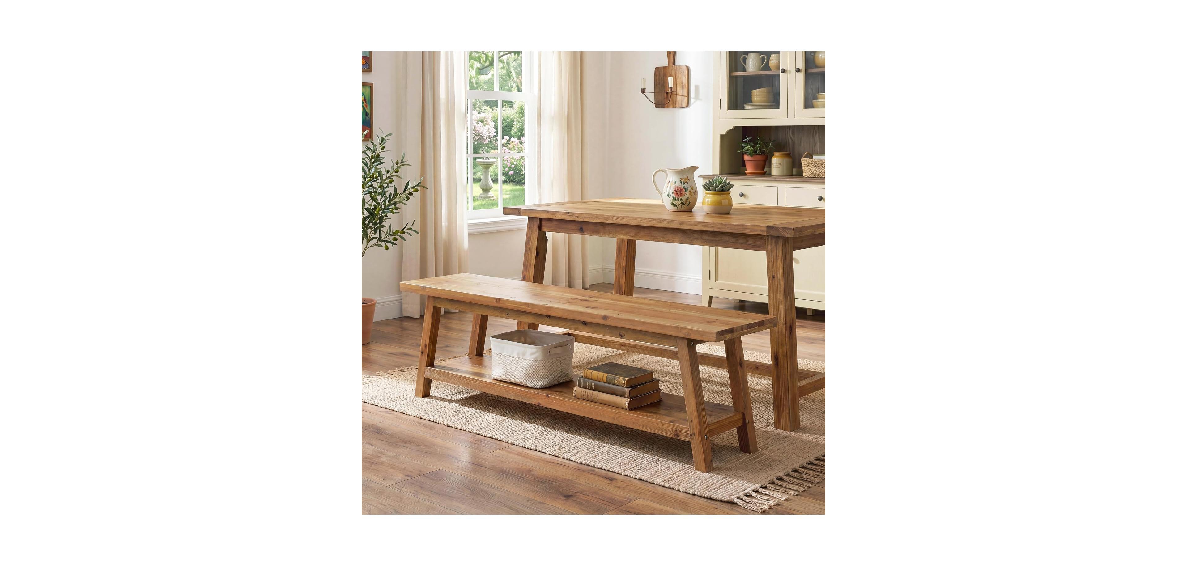 Tribesigns Solid Wood Dining Bench: 63" farmhouse bench with storage shelf. Rustic indoor bench for dining room, kitchen, living room. Wood Finish
