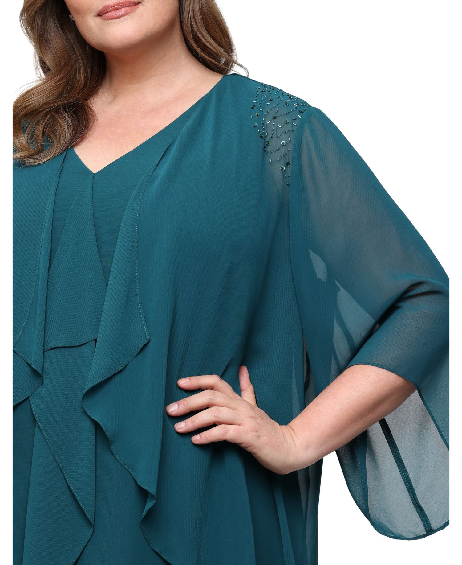Plus Size V-Neck Beaded-Shoulder Chiffon Dress