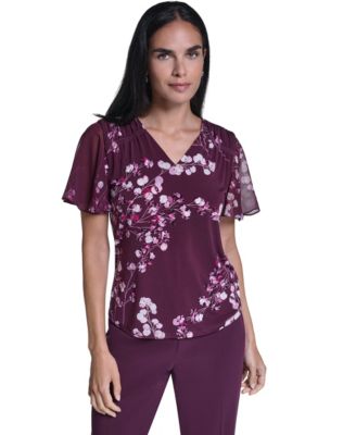 Women's V-Neck Floral Chiffon Blouse