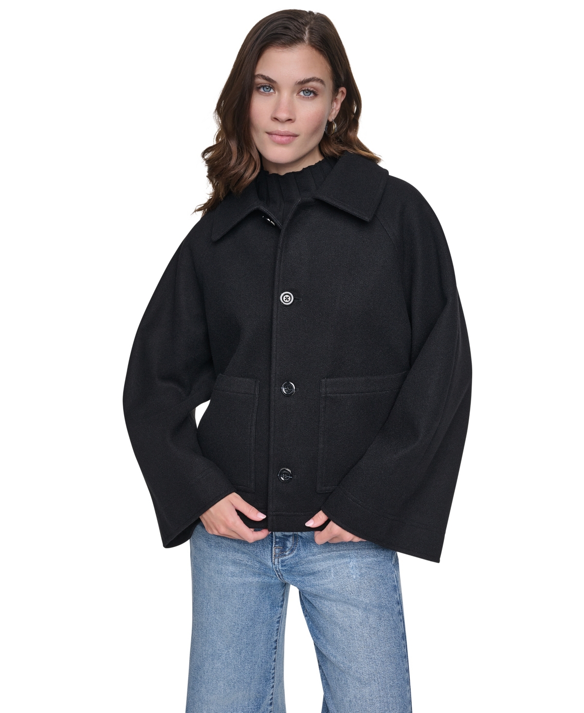 Dkny Jeans Women's Raglan Sleeve Button Front Swing Lined Coat - Black