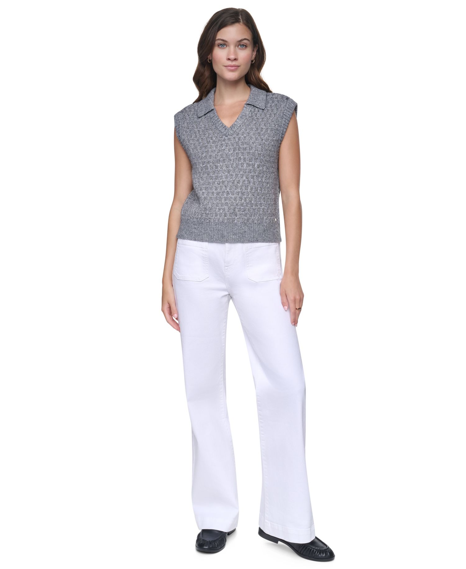 Women's Sleeveless V-Neck Collared Sweater