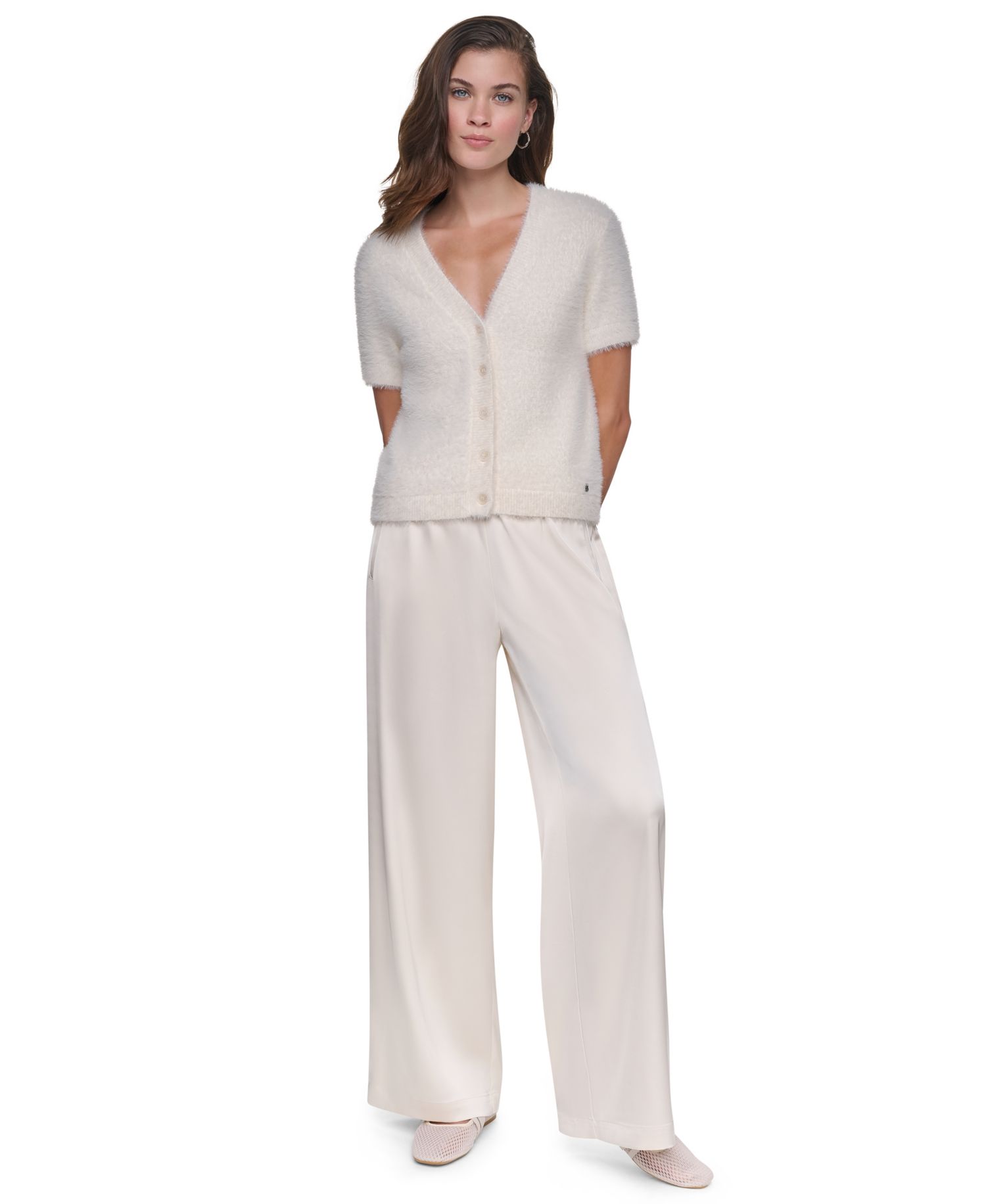 Women's Short-Sleeve Brushed-Knit V-Neck Cardigan
