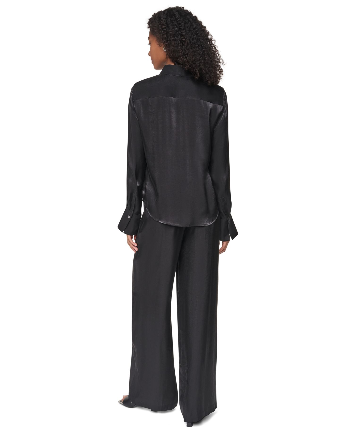 Petite East River Shine Long Sleeve Button Up Satin Blouse