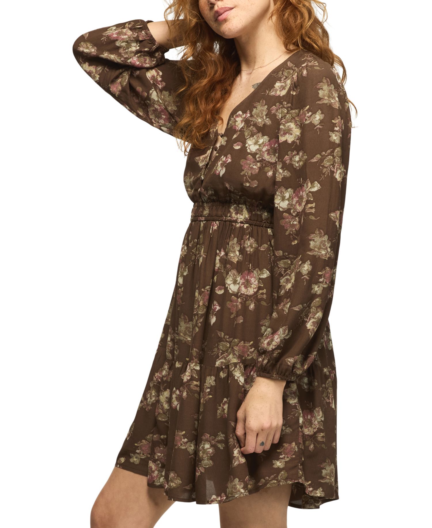 Women's Long-Sleeve Smocked-Waist Floral Mini Dress