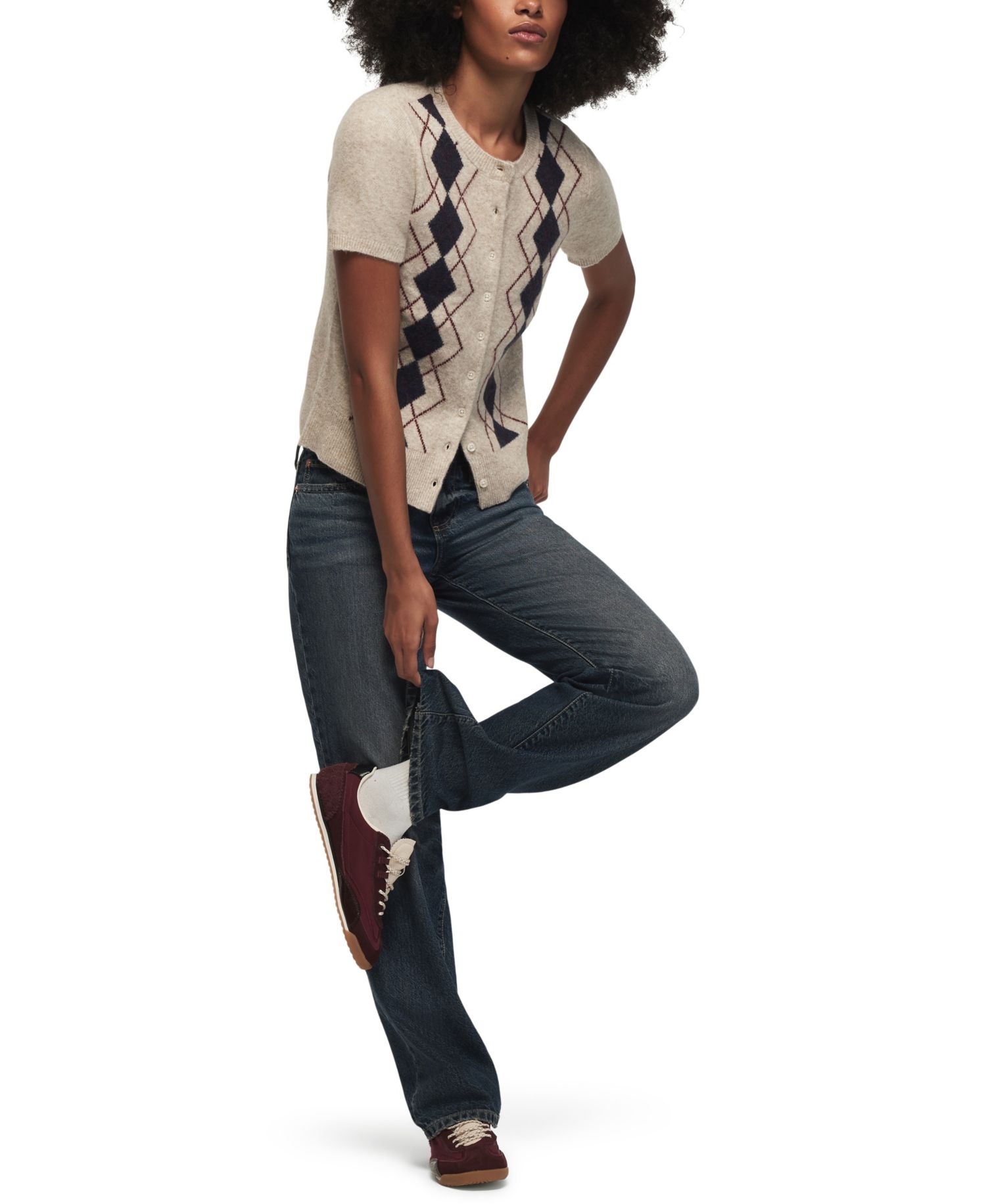 Women's Argyle Crew-Neck Short-Sleeve Cardigan