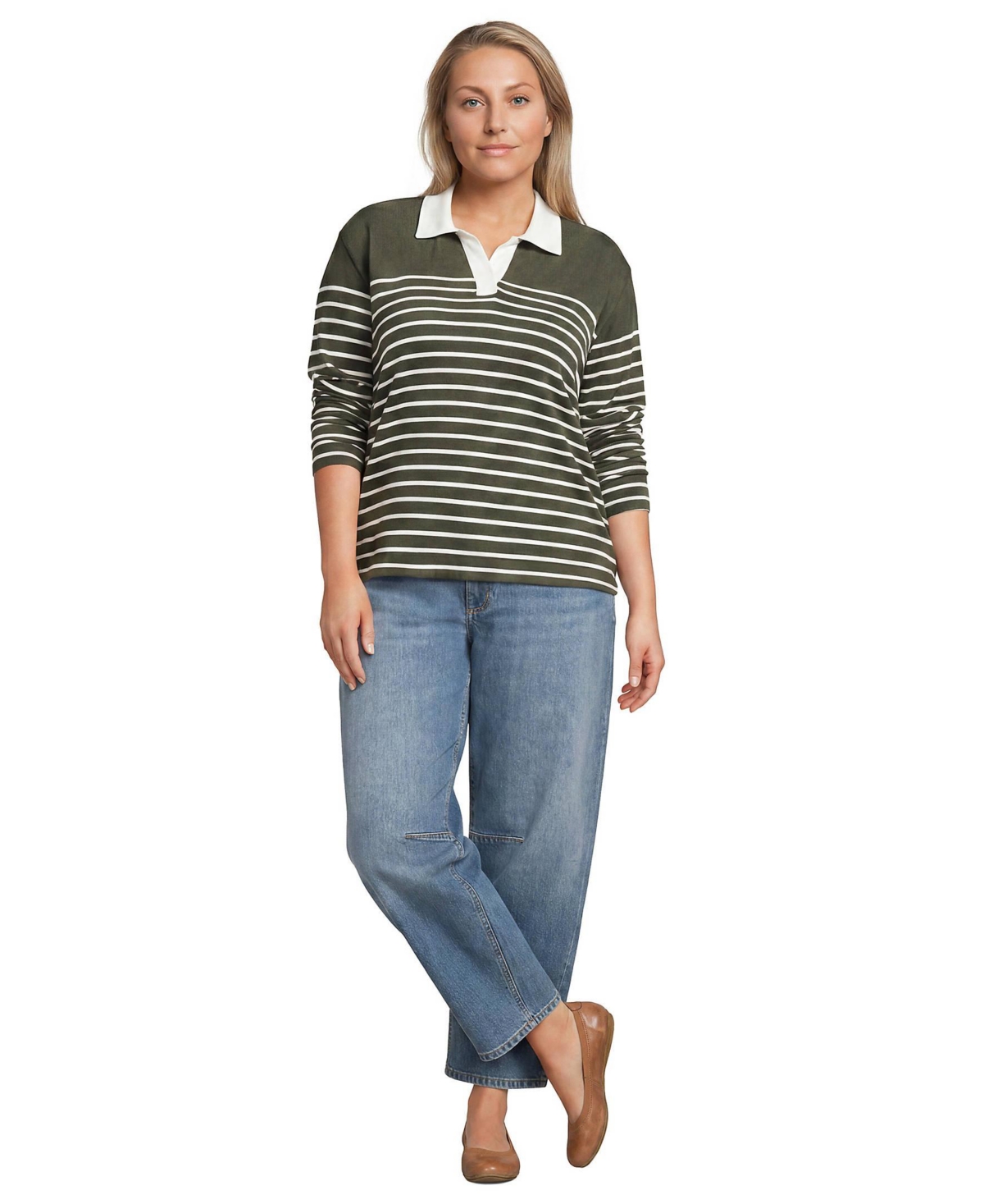 Lands' End Plus Mariner Rugby Long-Sleeve Striped Polo Shirt