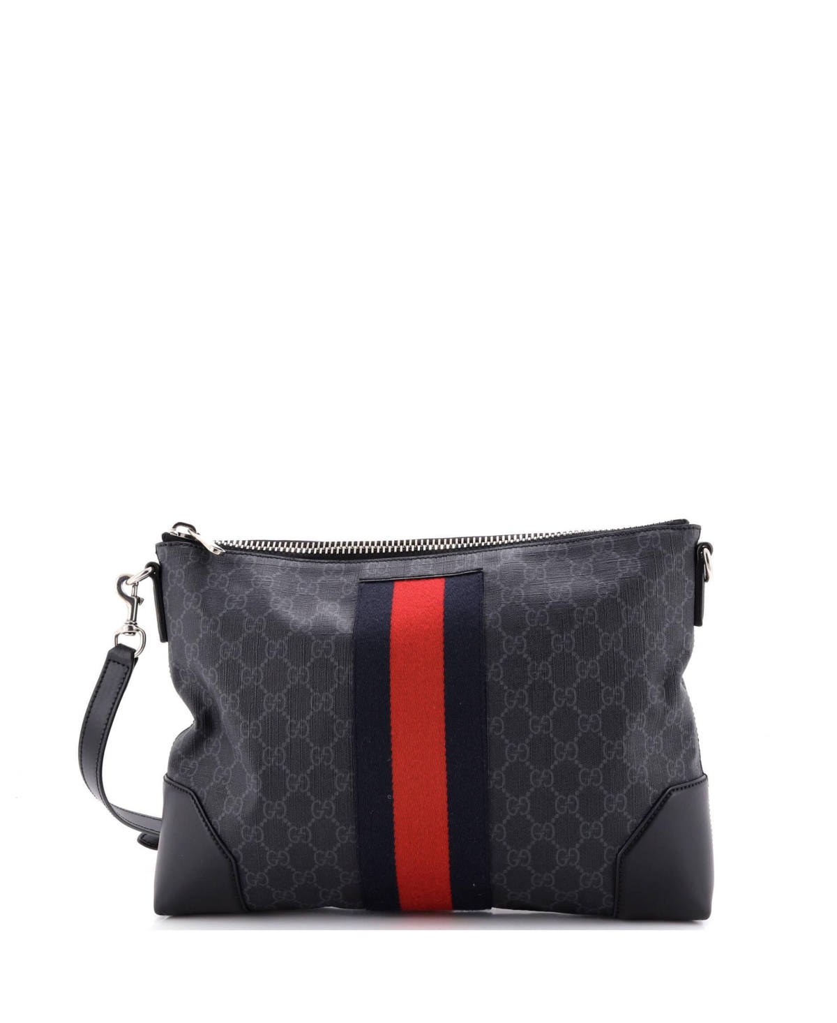 Pre-Owned Gucci Medium Web Zip Flat Messenger Gg Coated Canvas - Black