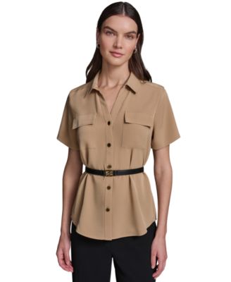 Women's Short-Sleeve Belted Woven Top