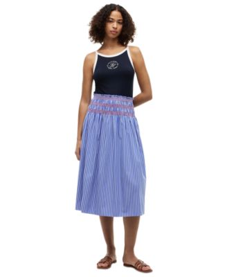 Women's Cotton Smocked Striped Midi Skirt
