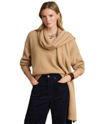 Women's Lofty Mohair Blend-Long Detachable Scarf V-Neck Sweater