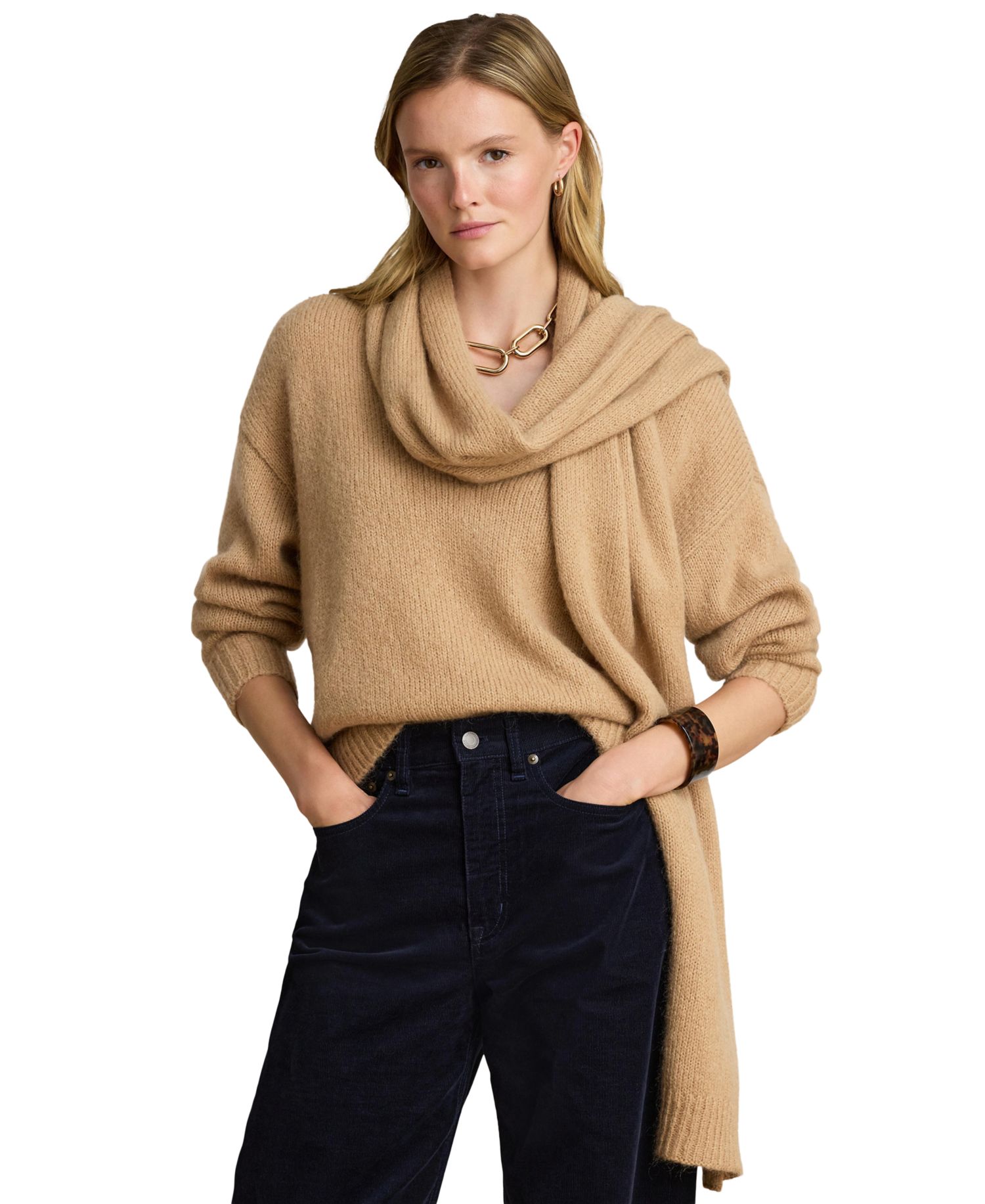Women's Lofty Mohair Blend-Long Detachable Scarf V-Neck Sweater