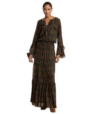 Women's Paisley Long-Sleeve Tiered Maxi Dress