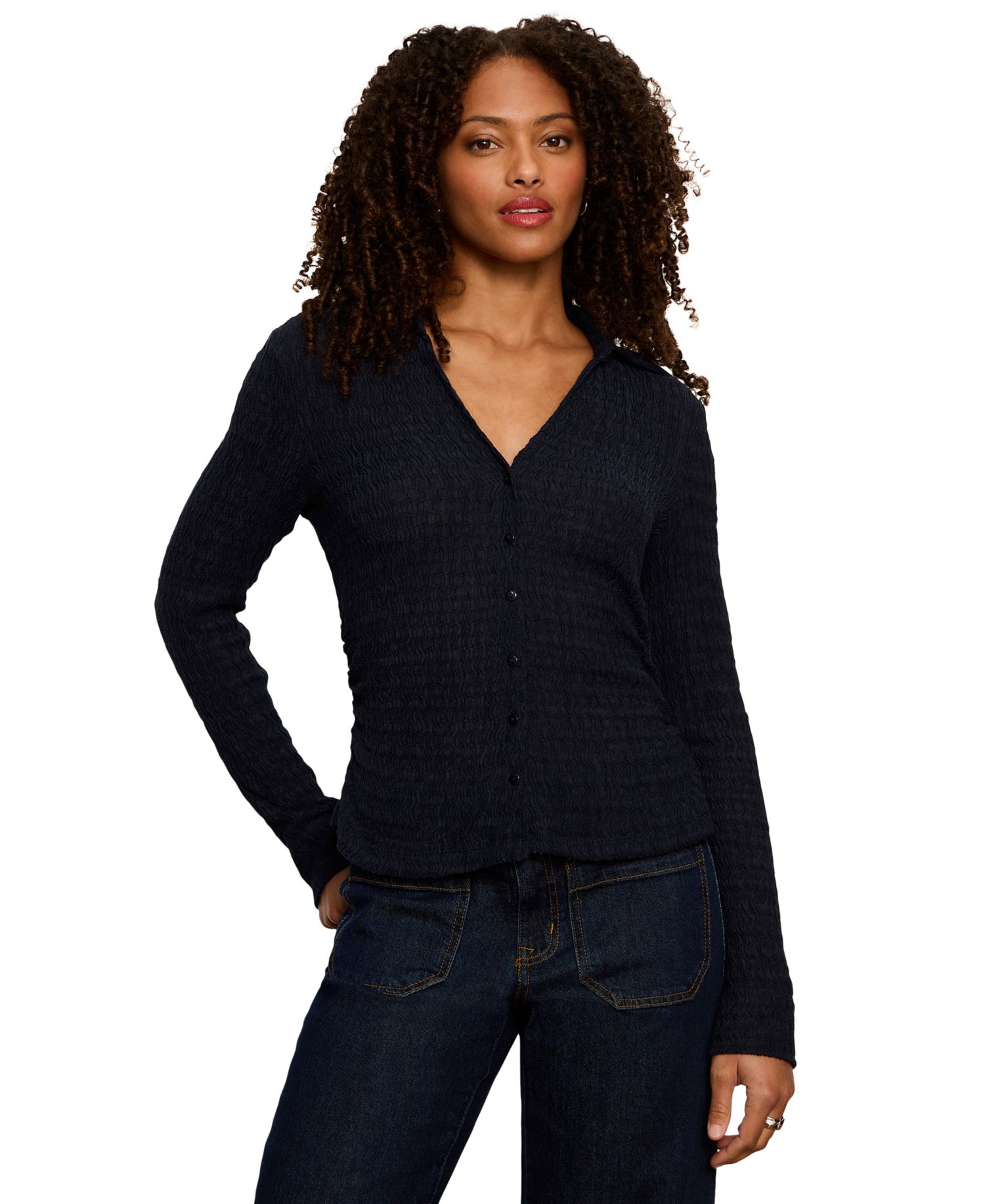 Petite Juno Textured Long-Sleeve Spread Collar Shirt
