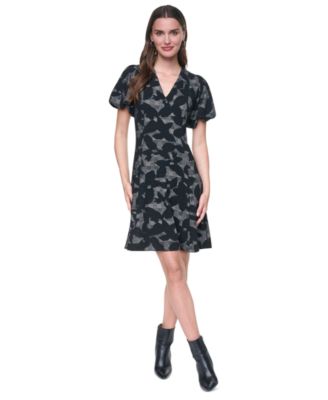 Women's Bubble Sleeve Fit & Flare Print Dress