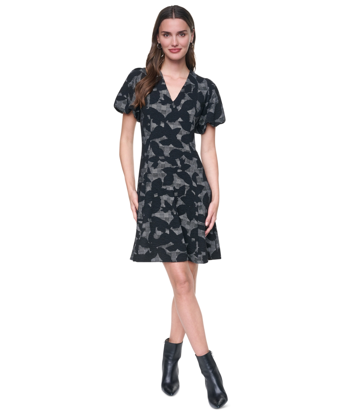 Dkny Women's Short Bubble Sleeve V-Neck Fit and Flare Dress - Black/Coconut