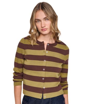 Women's Cropped Stripe Long-Sleeve Crew Neck Cardigan