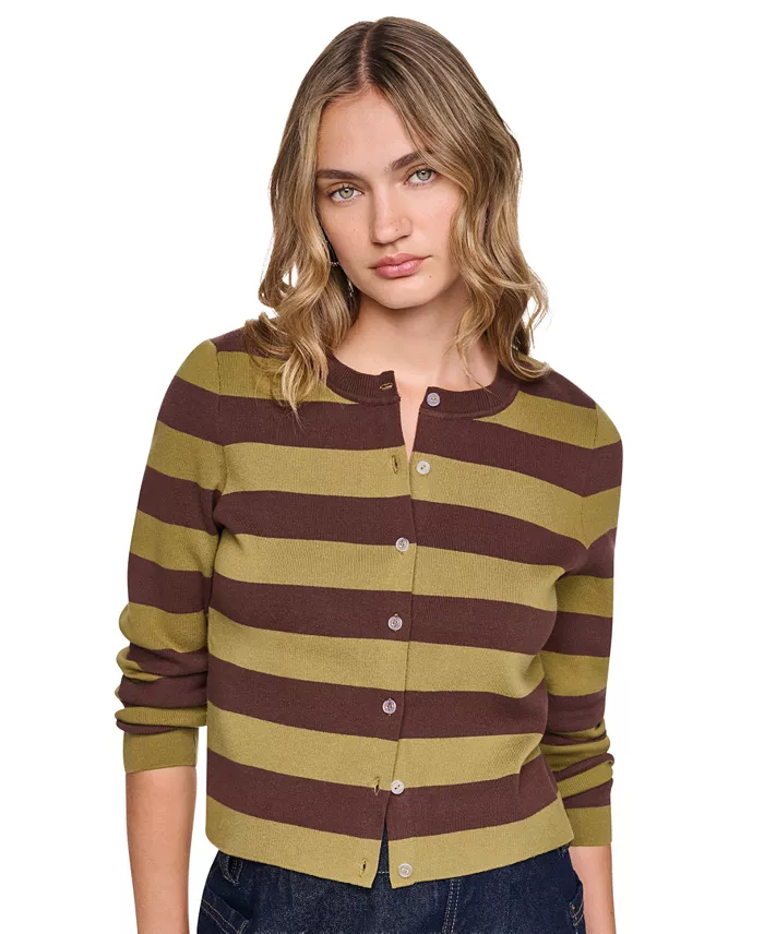 Women's Cropped Stripe Long-Sleeve Crew Neck Cardigan