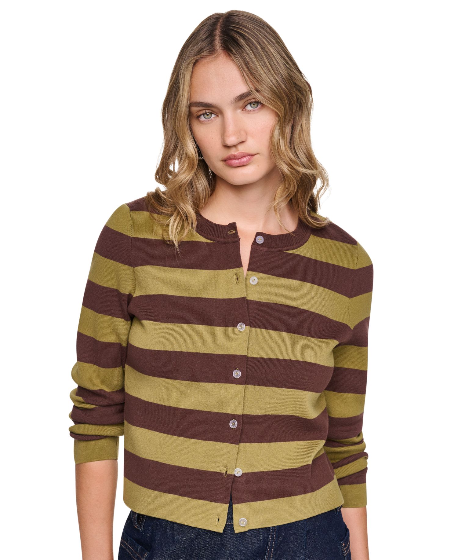 Women's Cropped Stripe Long-Sleeve Crew Neck Cardigan