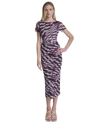 Women's Printed Side Knot Mesh Midi Dress