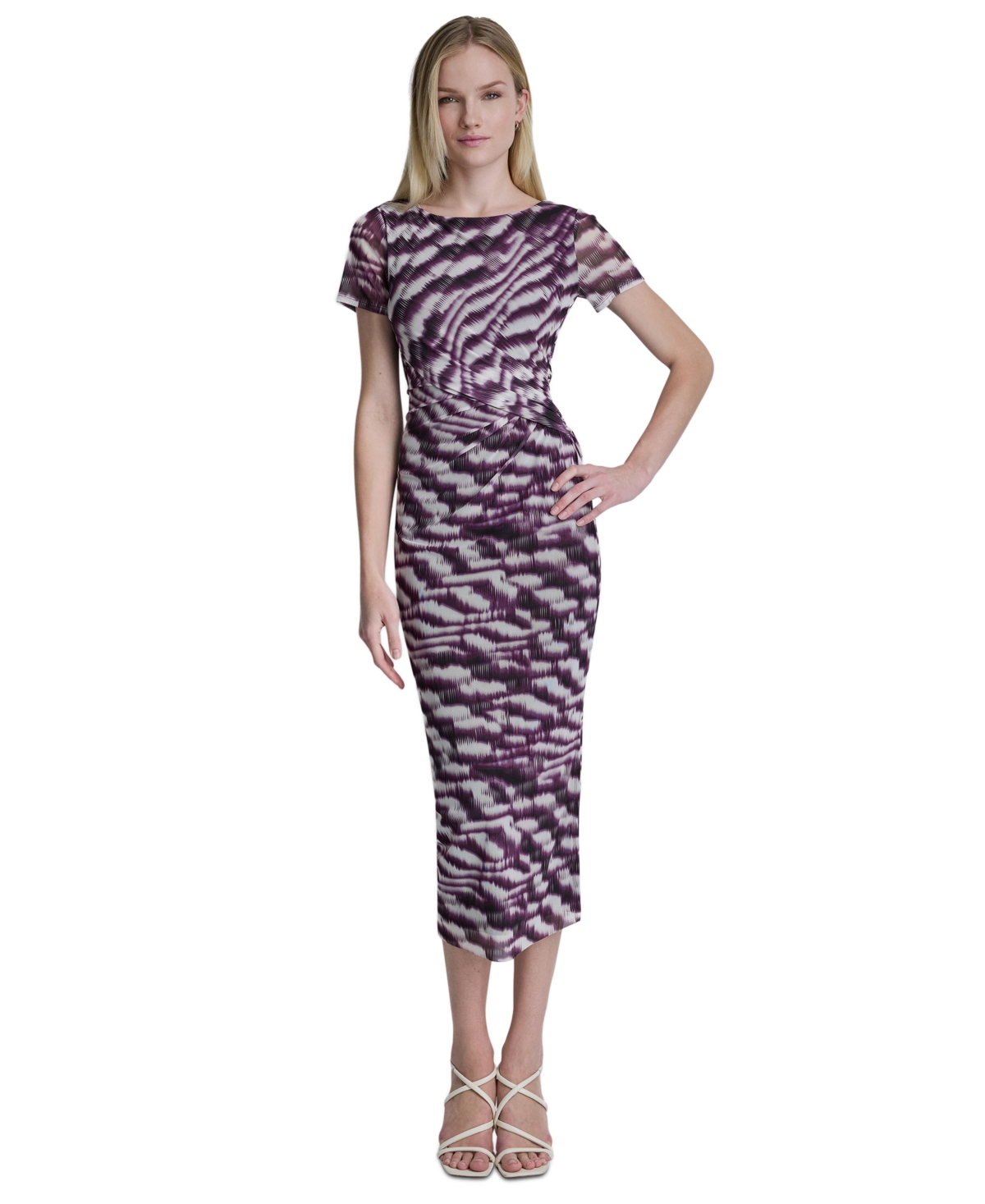 Dkny Women's Printed Side Knot Mesh Midi Dress