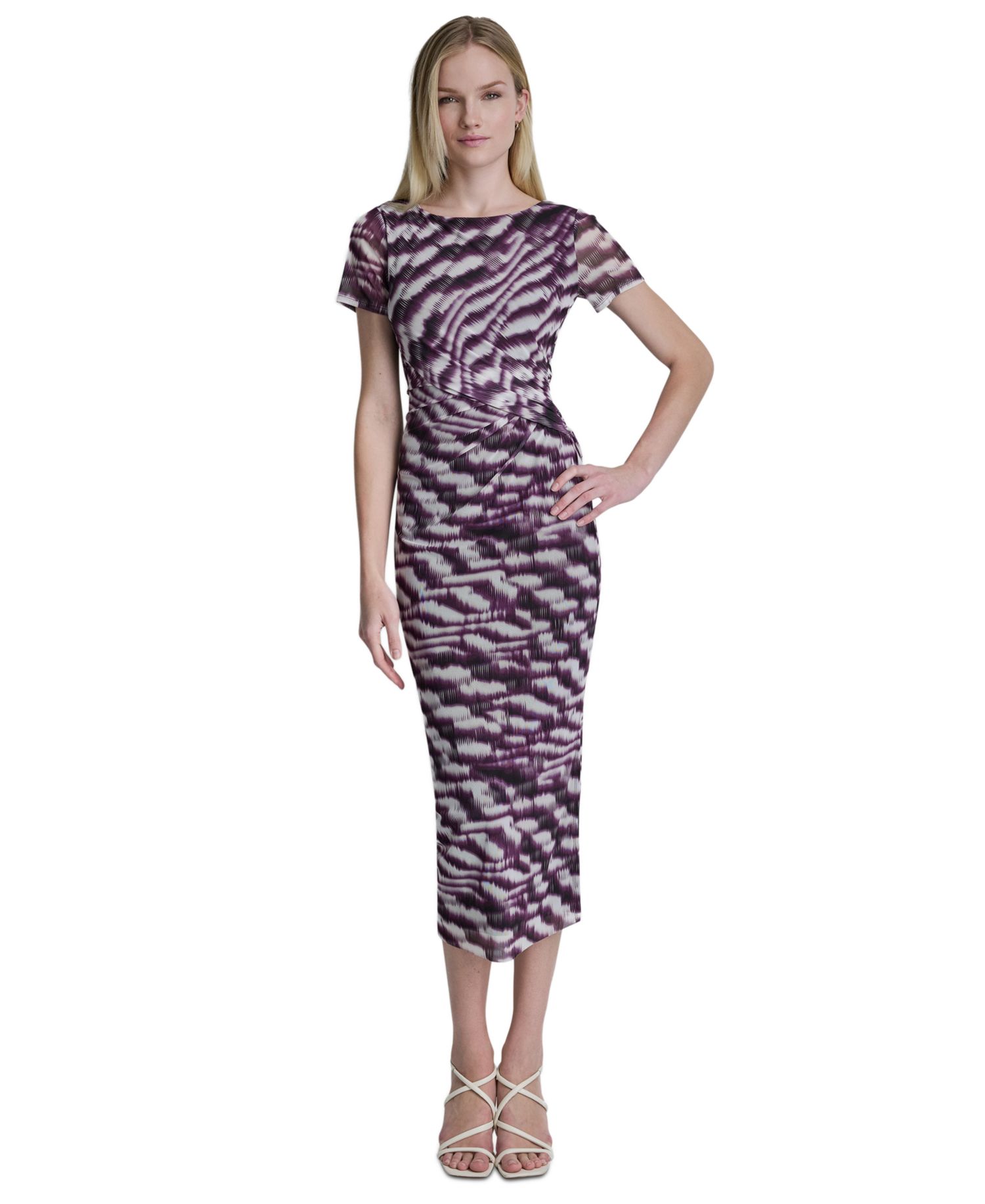 Women's Printed Side Knot Mesh Midi Dress