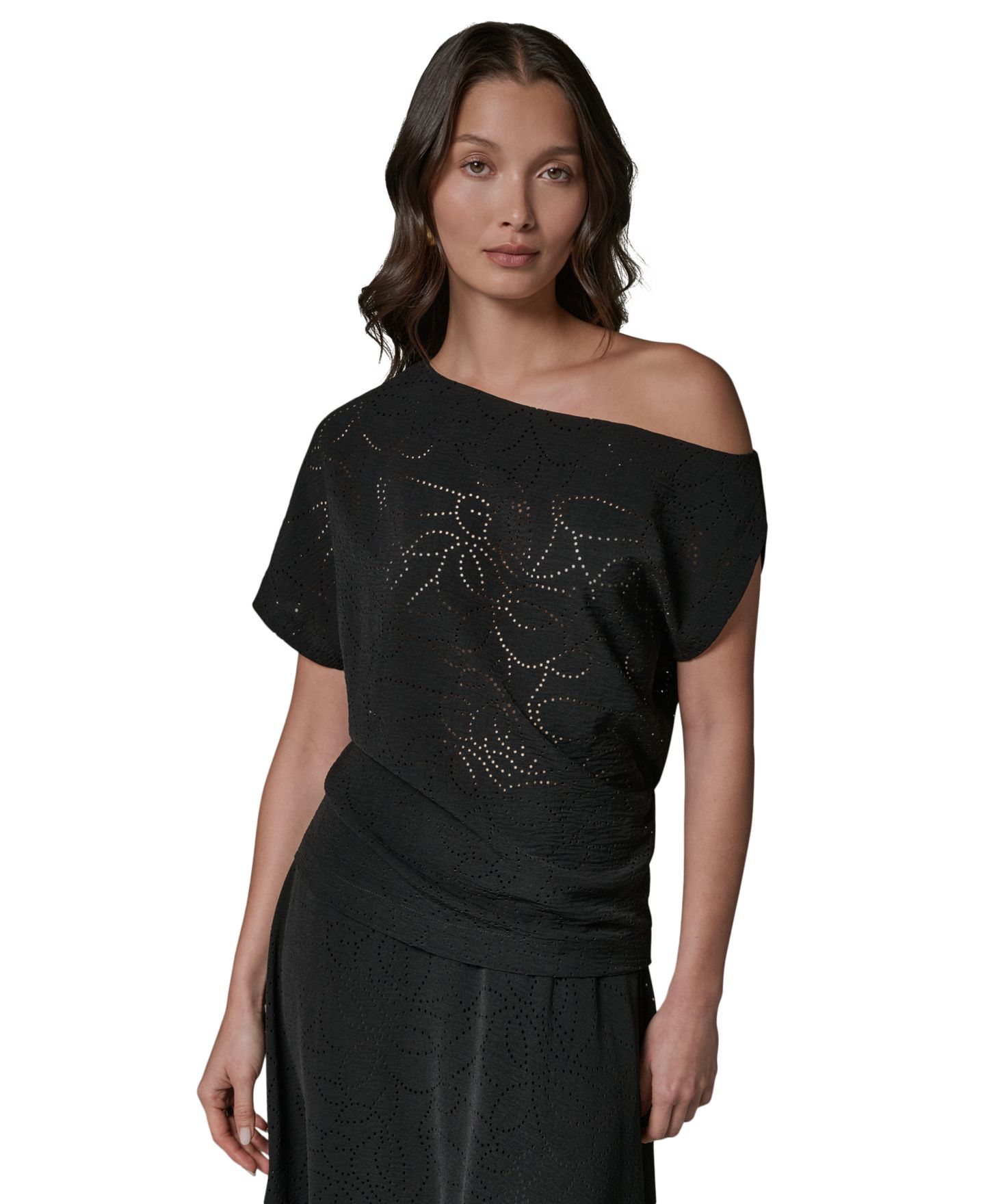 Женский топ Donna Karan New York с асимметричным вырезом и лазерной резкой, цвет: Чёрный — фото 1