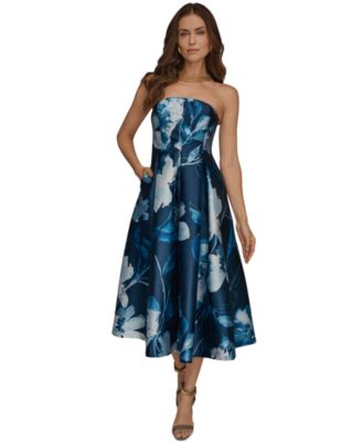 Women's Strapless Floral A-Line Midi Dress