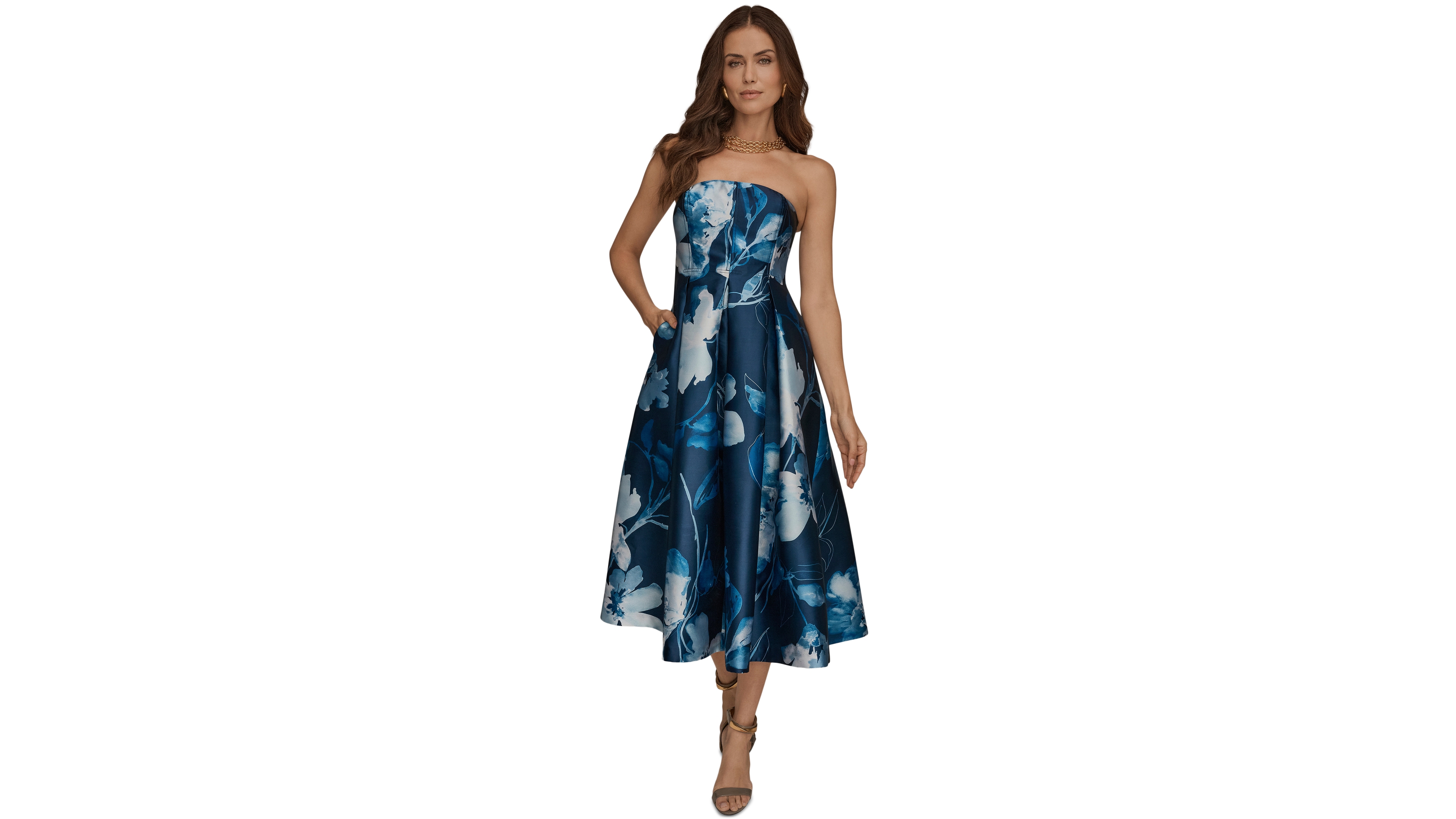 Donna Karan New York Women's Strapless Floral A-Line Midi Dress