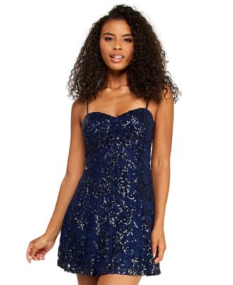 Juniors' Sweetheart Neck Chiffon Back Tie Pattern Sequin Dress