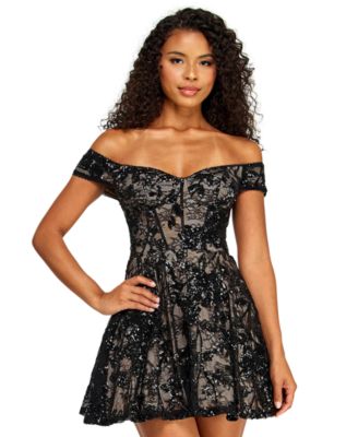 Juniors' Off-The-Shoulder Lace Sequin Corseted Dress
