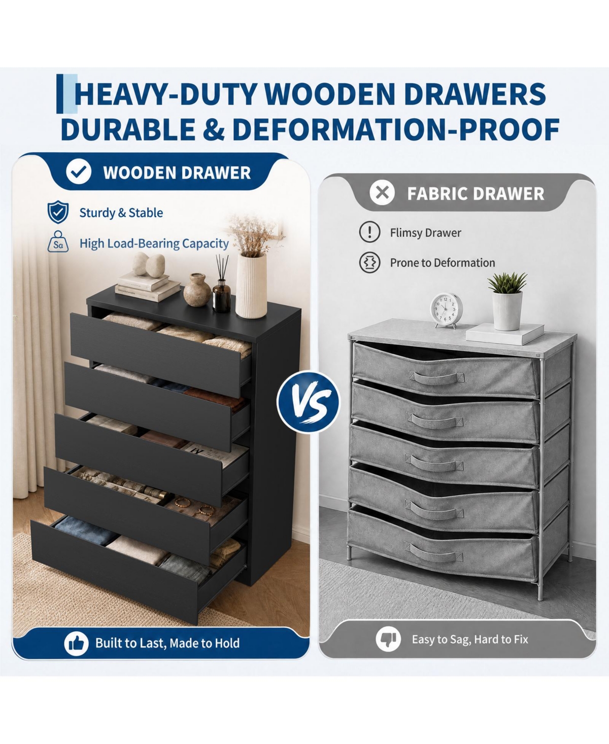 homfan 23.6" Wide 5-Drawer Chest of Drawers - Set 2 Engineered Wood Dressers with Anti-Tip Safety Kits, for Bedroom