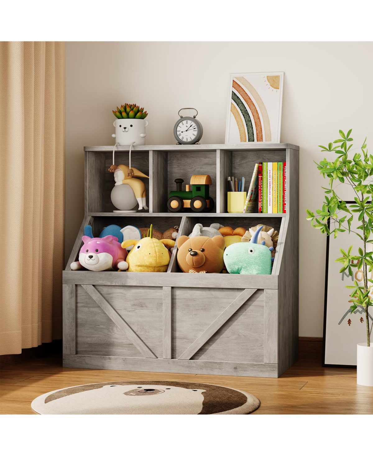 homfan Set of 2 Kids Bookshelf and Toy Storage Organizer, 35.4" Engineered Wood with 3 Cube Shelves Bins, for Playroom Bedroom Nursery