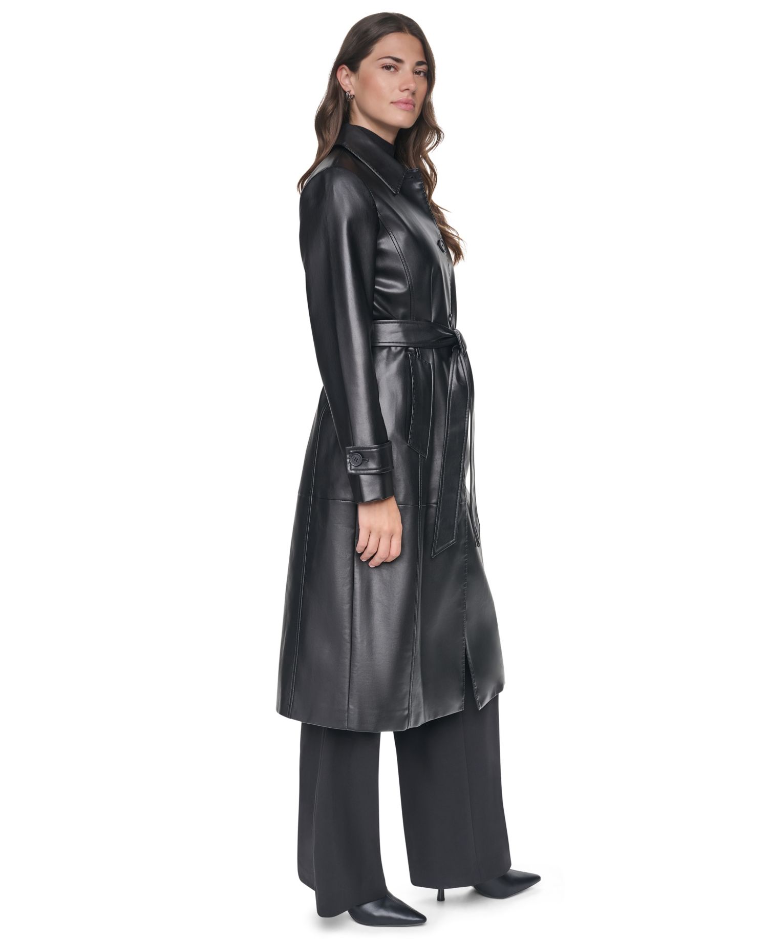 Women's Belted Long Faux Leather Trench Coat