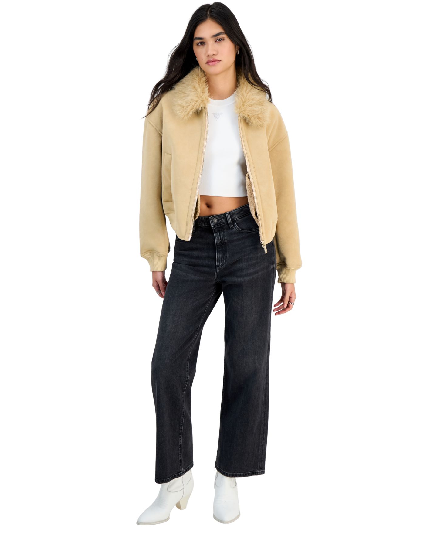 Женская куртка GUESS Delores Faux Shearling Long-Sleeve Bomber, цвет: Жёлтый — фото 4