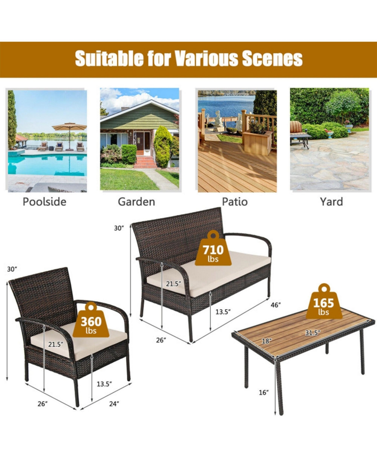 Clihome 4 Pieces Patio Cushioned Wicker Set with Acacia Wood Tabletop