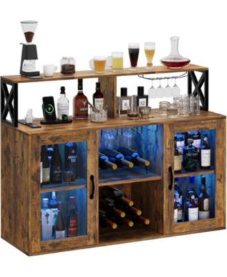 4-Tier Wine Bar, Home Freestanding Wine Bar Cabinet with LED Light and Built-in Power Outlets, Includes Wine Rack and Glass Holder