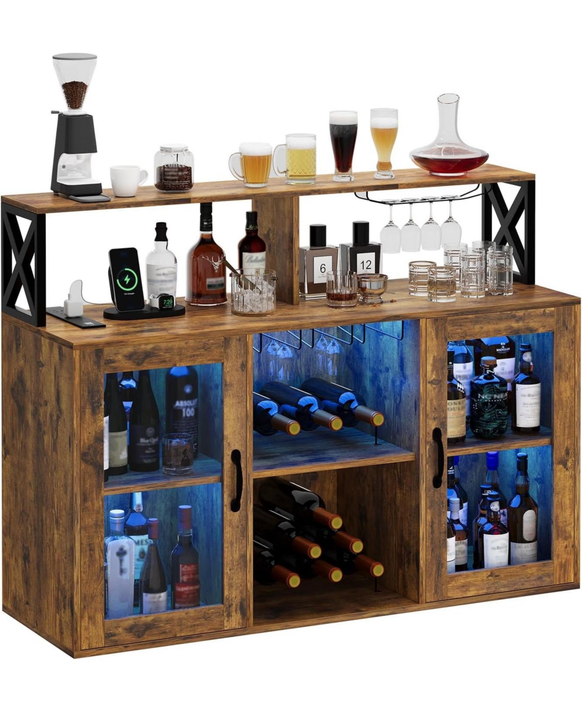 gaomon 4-Tier Wine Bar, Home Freestanding Wine Bar Cabinet with Led Light and Built-in Power Outlets, Includes Wine Rack and Glass Holder