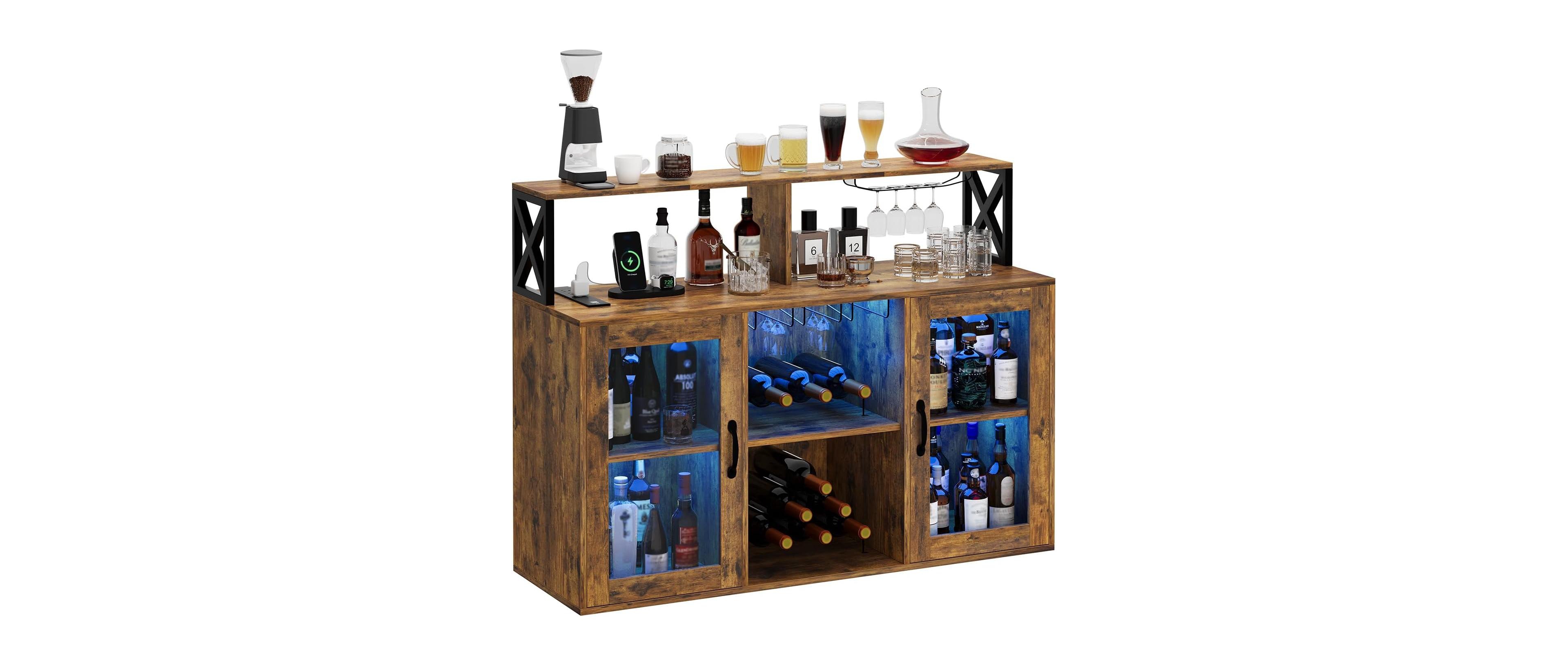 gaomon 4-Tier Wine Bar, Home Freestanding Wine Bar Cabinet with Led Light and Built-in Power Outlets, Includes Wine Rack and Glass Holder