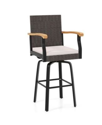 29'' Outdoor 360-Degree Swivel Bar Stool with Cushion and Acacia Wood Armrests Footrest