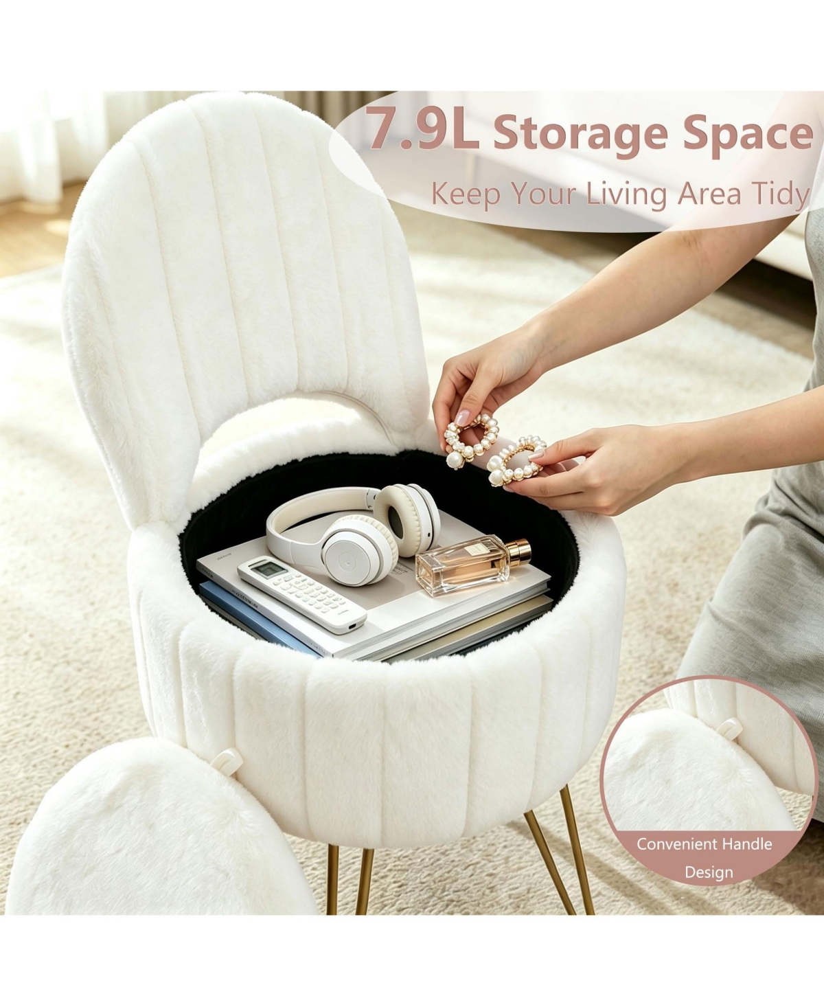 Round Vanity Stool with Storage and Backrest